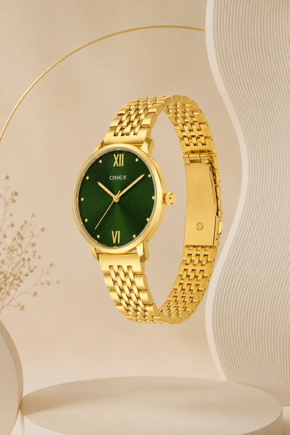 ONEX Women's Analog Wrist Watch for women | Gold Stainless Steel Bracelet Strap | Green Sunray Dial | Premium Casual & Formal Watch