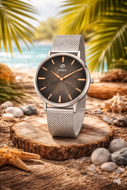 ONEX Men’s Analog Watch with Grey Sunray Dial & Silver Stainless Steel Mesh Strap | Minimal Classic Design