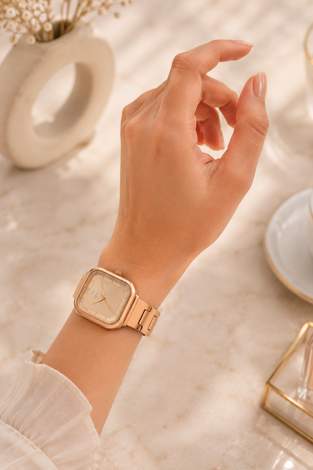 ONEX Rose Gold Square Dial Analog Watch for Women | Crystal Accent Dial | Metal Strap