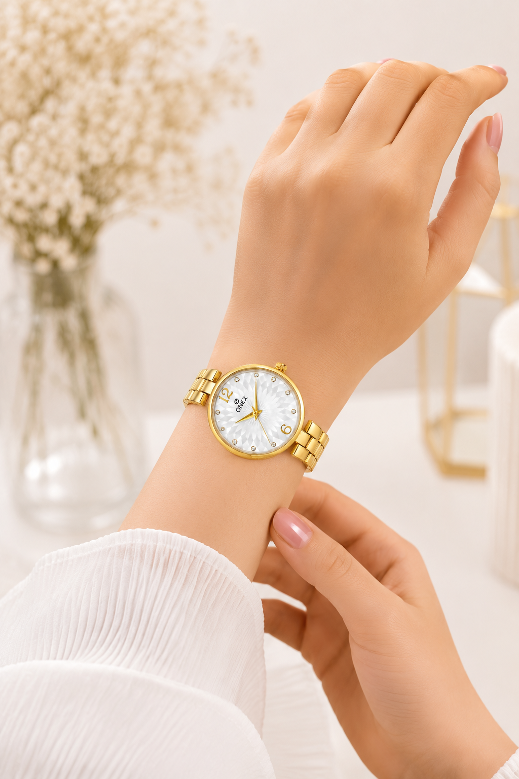 ONEX Women’s Gold-Tone Designer Bracelet Watch with Crystal Studded Dial Silver