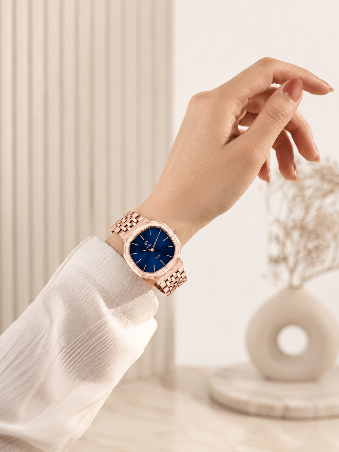 Onex Slim Rose Gold Stainless Steel Analog Watch for Women | Blue Sunray Dial | Elegant Bracelet Strap