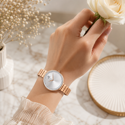 ONEX Elegant Rose Gold Women’s Watch | Silver Sunray Dial with Crystal Ring