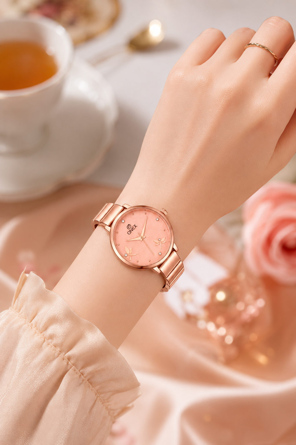 Onex Women’s Rose Gold Bracelet Watch with Crystal Markers & Dragonfly Dial