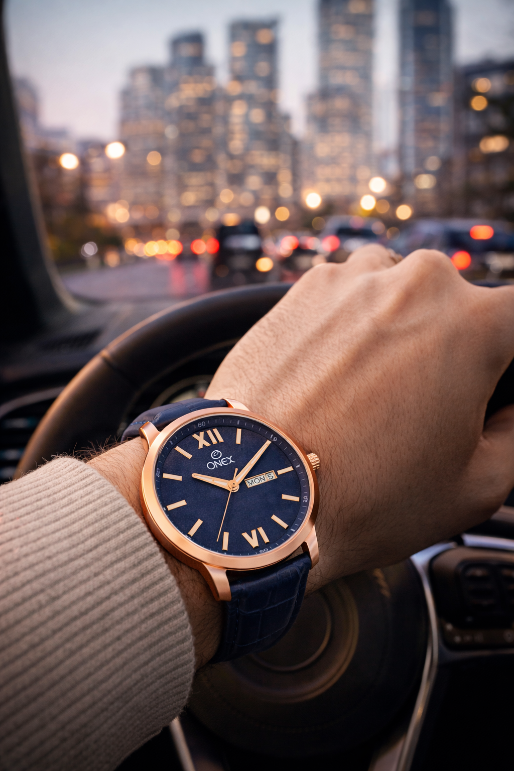 ONEX Men's Day & Date Analog Watch – Blue Dial, Rose Gold Case & Blue Leather Strap