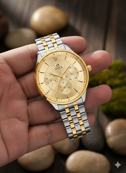 ONEX Men's Premium Multifunction Analog Watch for Men | Gold Sunray Dial | Two-Tone Stainless Steel Bracelet | Quartz Movement | Stylish Casual & Formal Wrist Watch