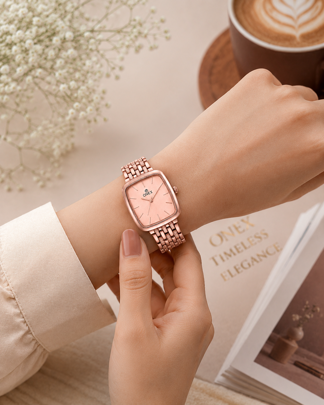 ONEX Women's Analog Rose Gold Stainless Steel Bracelet Watch | Square RoseGold Dial | Elegant Casual & Party Wear Wrist Watch for Women