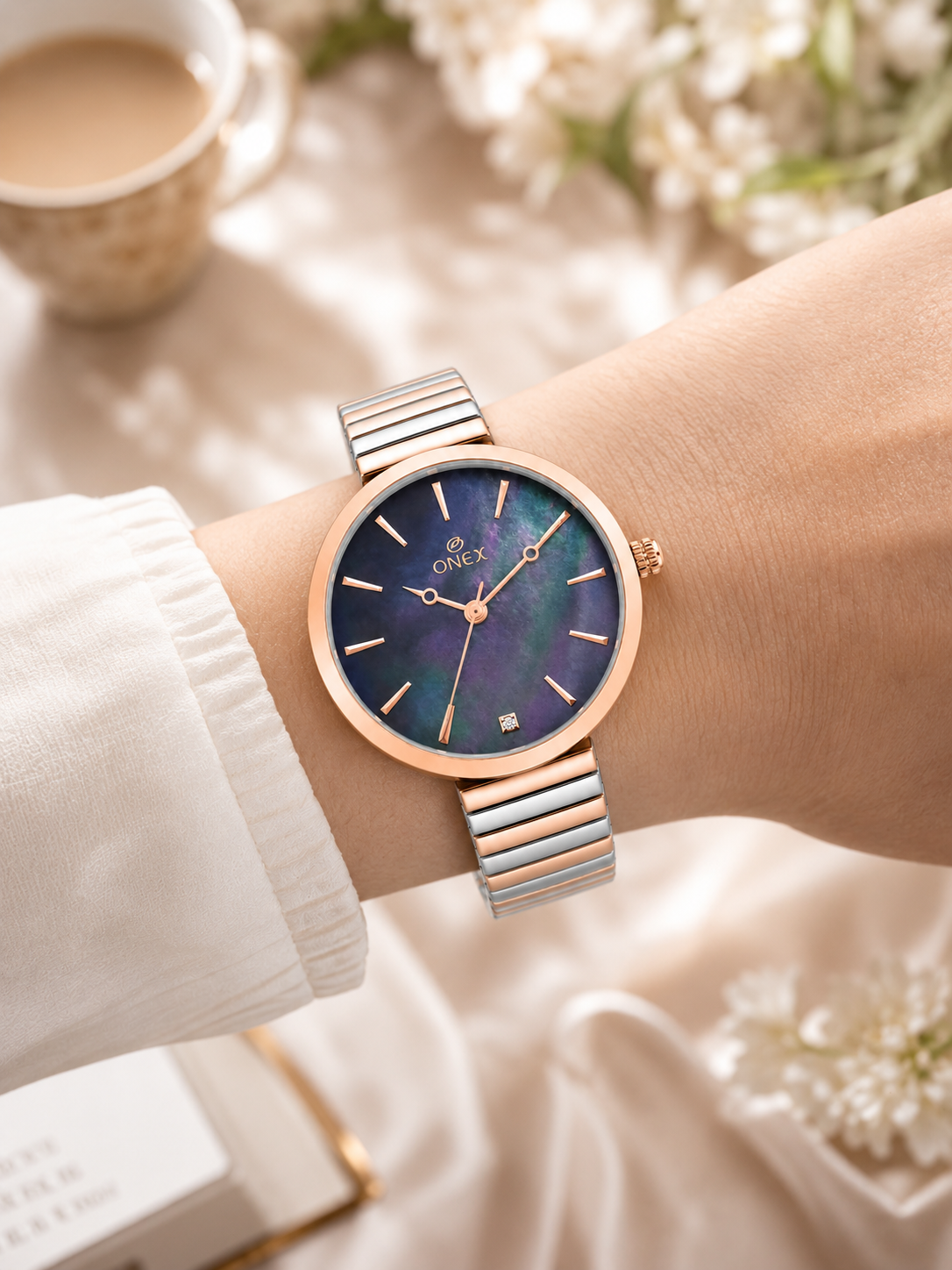 Onex Women’s Rose Gold Blue Pearl Dial Slim Bracelet Watch