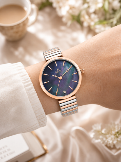 Onex Women’s Rose Gold Blue Pearl Dial Slim Bracelet Watch