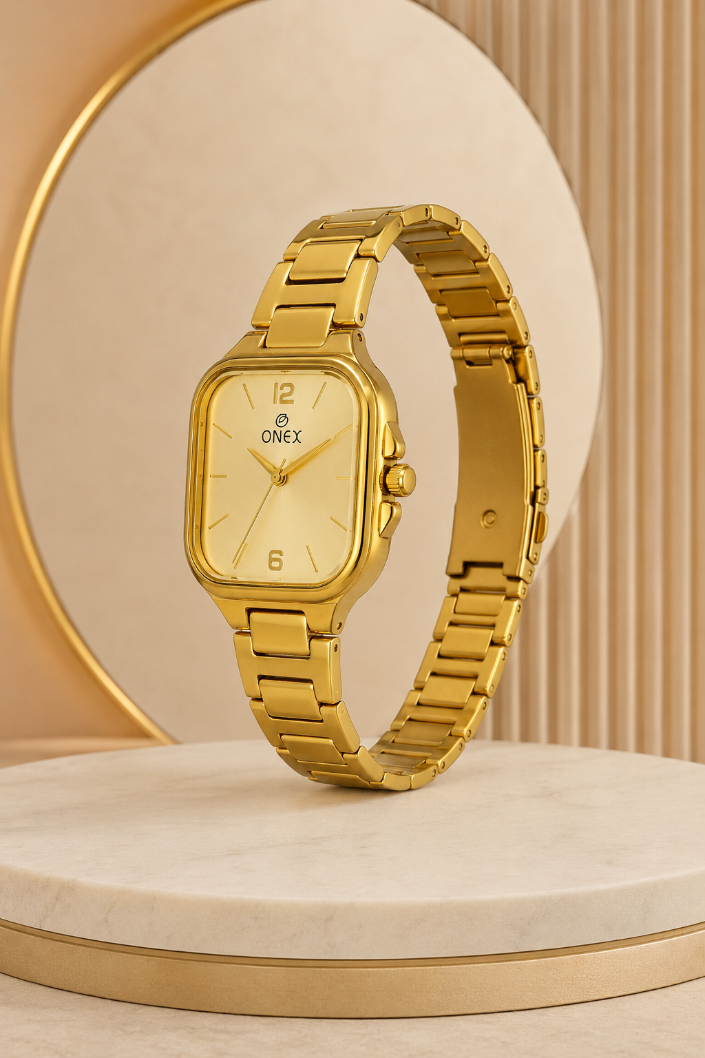 Onex Elegant Gold Square Dial Women’s Watch – Premium Stainless Steel Bracelet