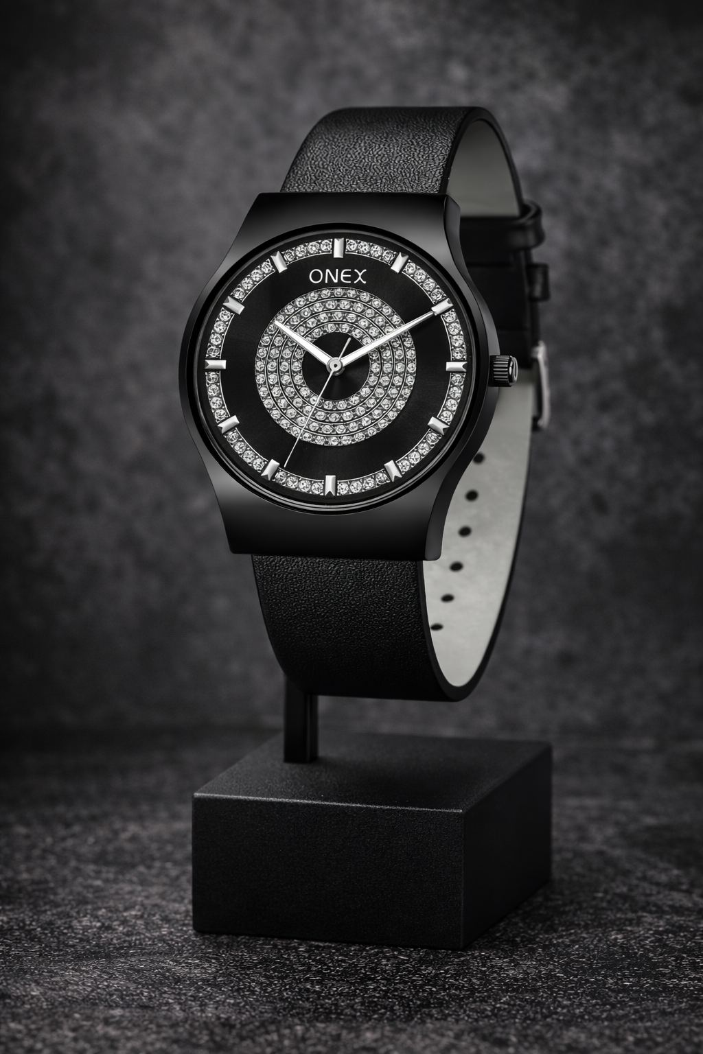 ONEX Luxury Black Dial Analog Watch with Crystal Studded Design & Black Leather Strap