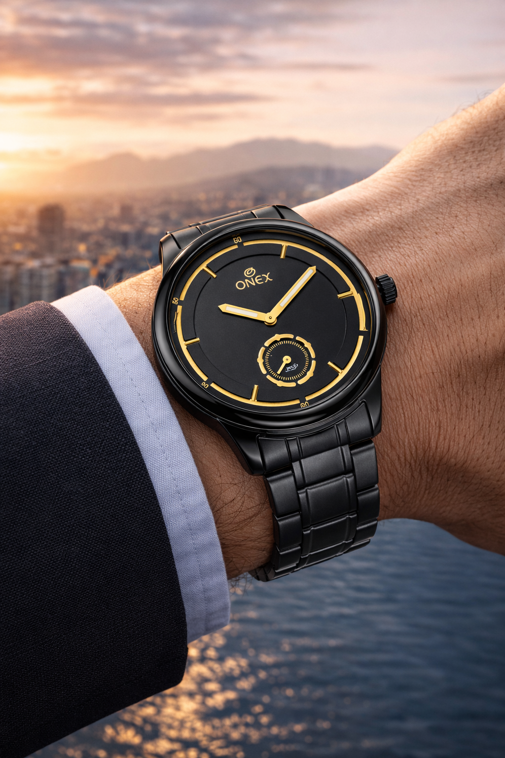 ONEX Men’s Analog Black Dial Watch with Gold Tone Markers & Stainless Steel Black Strap – Stylish Casual & Formal Watch