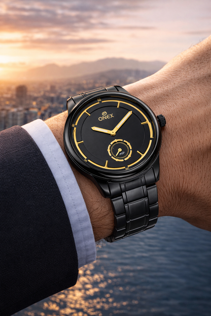 ONEX Men’s Analog Black Dial Watch with Gold Tone Markers & Stainless Steel Black Strap – Stylish Casual & Formal Watch