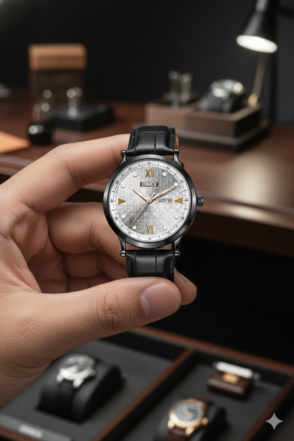 ONEX Men’s Analog Watch with Day & Date Display, Silver Textured Dial, Black Leather Strap, Roman Index – Stylish Formal Wrist Watch for Men