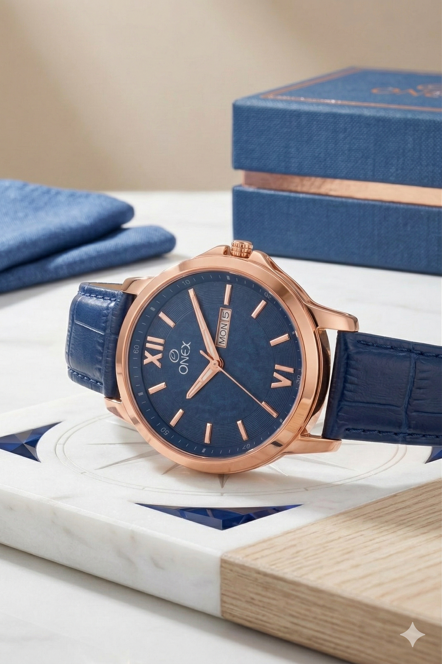 ONEX Men's Day & Date Analog Watch – Blue Dial, Rose Gold Case & Blue Leather Strap