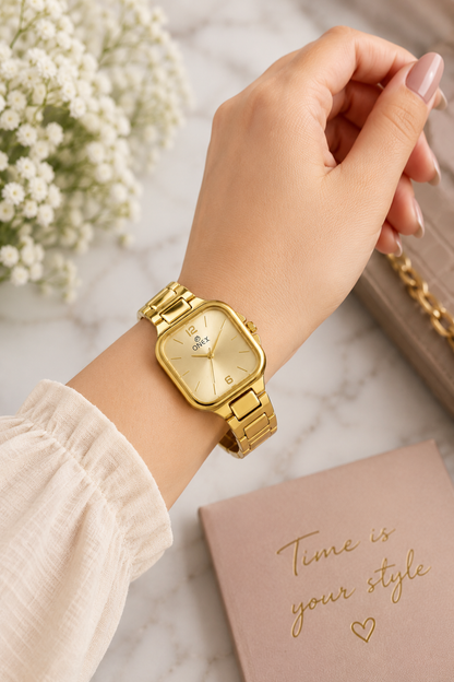 Onex Elegant Gold Square Dial Women’s Watch – Premium Stainless Steel Bracelet