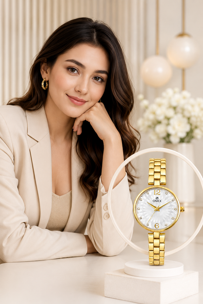 ONEX Women’s Gold-Tone Designer Bracelet Watch with Crystal Studded Dial Silver