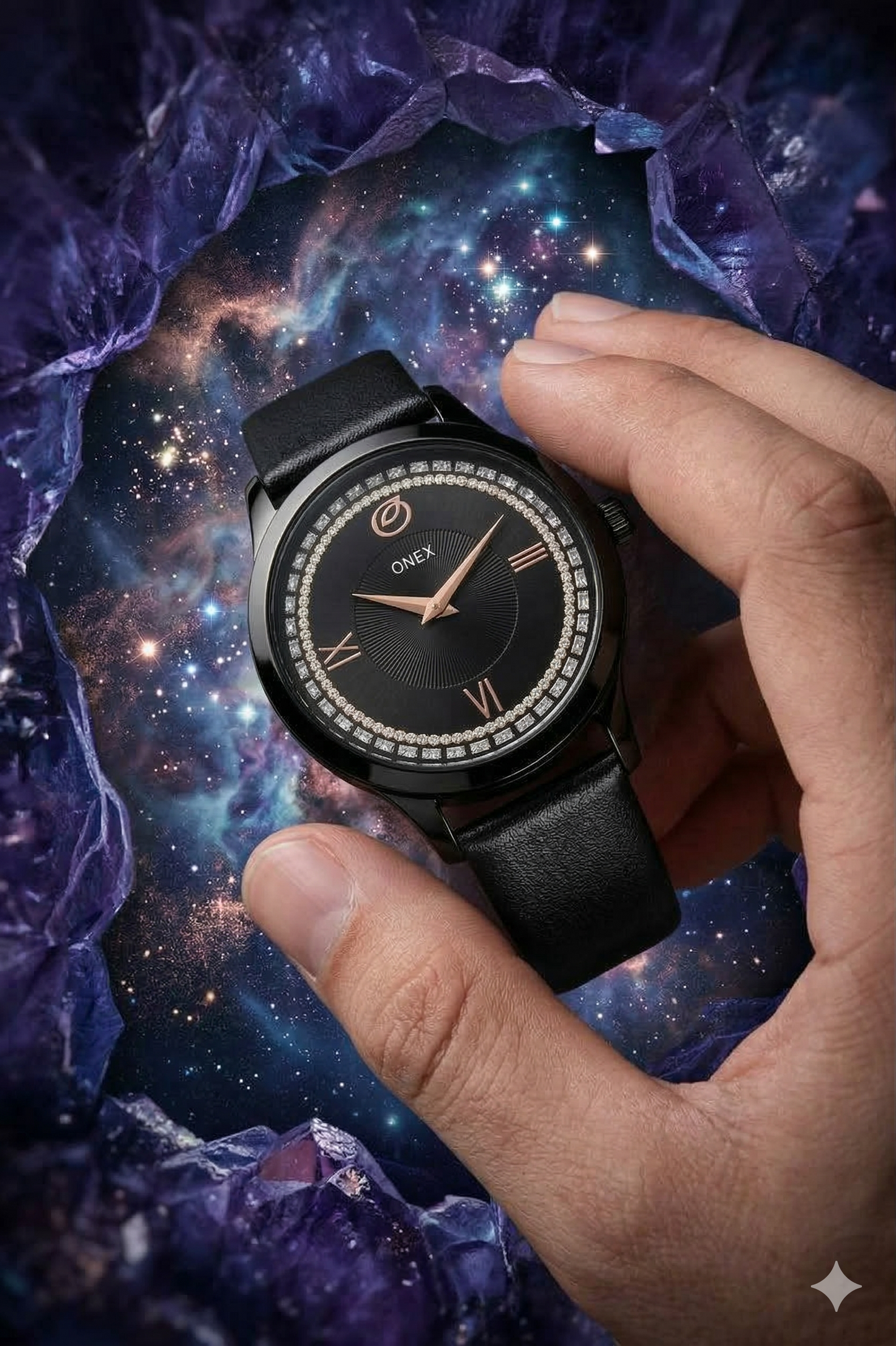 ONEX Men’s Analog Watch with Black Dial, Crystal Studded Bezel & Black Leather Strap – Stylish Casual & Formal Wrist Watch for Men