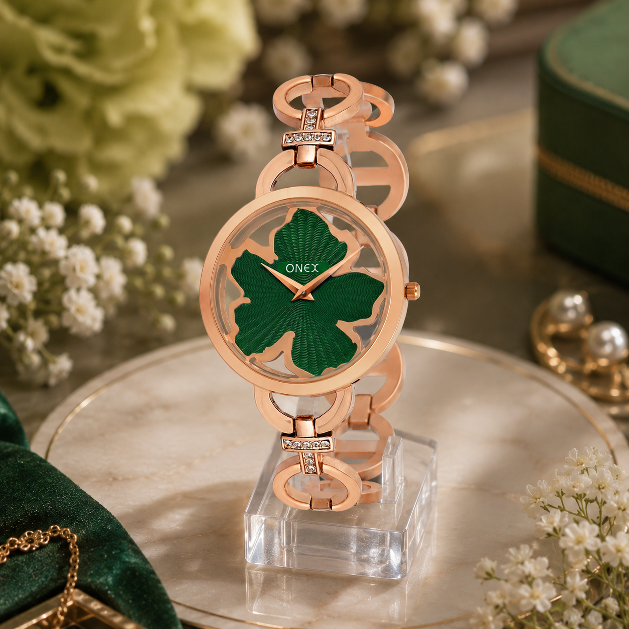 ONEX Rose Gold Women’s Bracelet Watch with Green Textured Dial & Crystal Accents