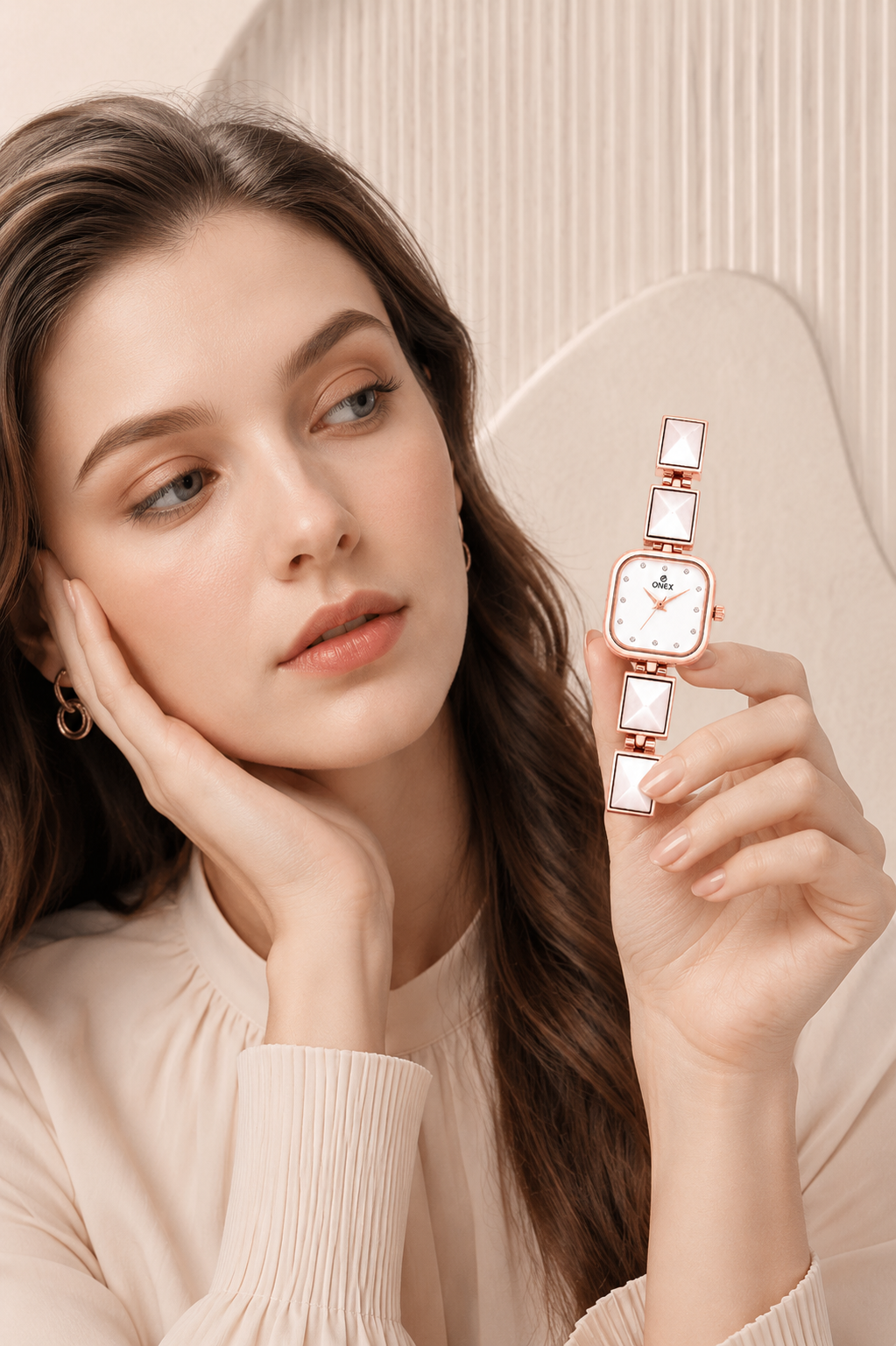ONEX Women’s Rose Gold Square Dial Bracelet Watch with Crystal Studded White Dial