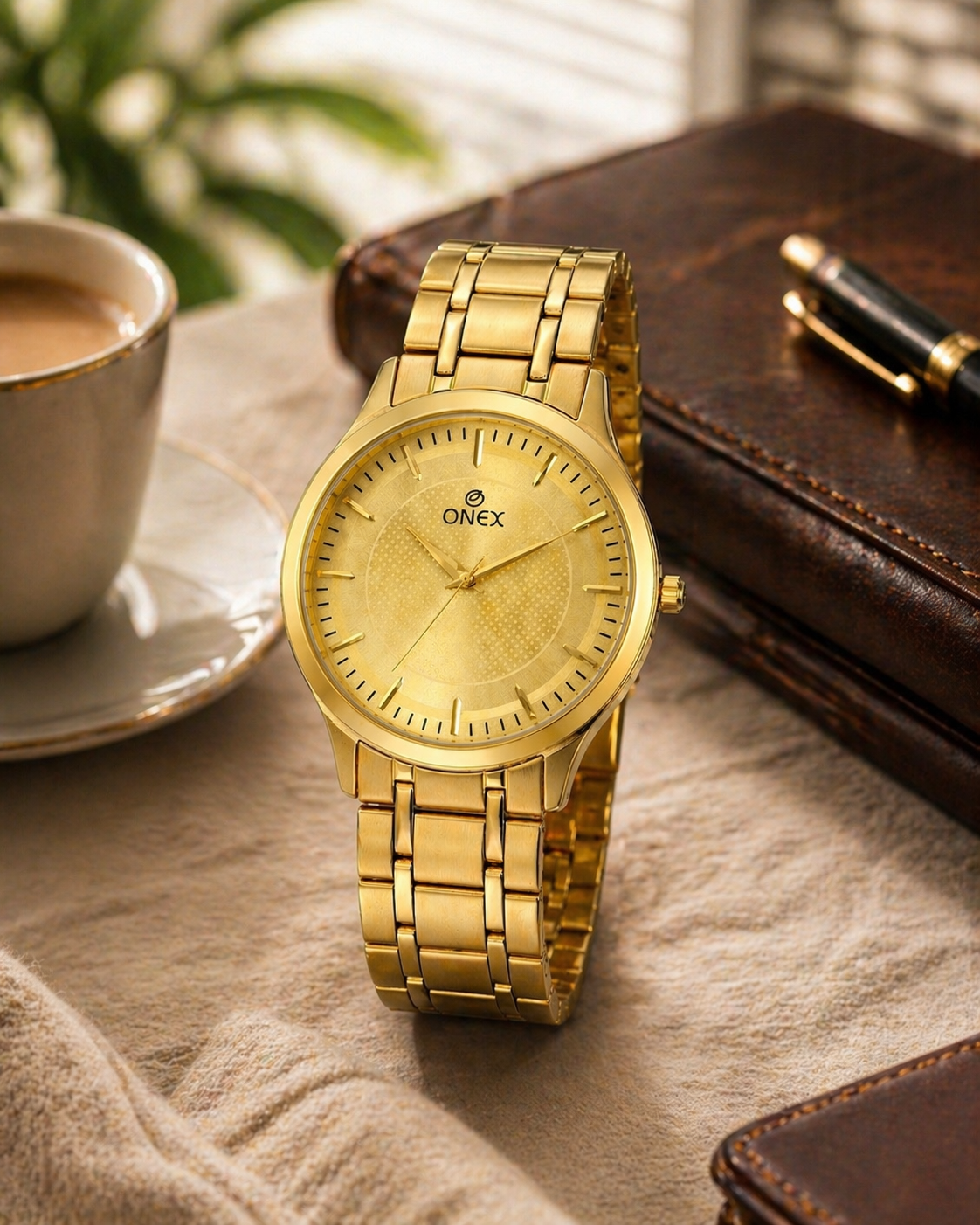 ONEX Premium Gold-Tone Analog Watch for Women | Stainless Steel Bracelet Strap | Quartz Movement | Elegant Casual & Party Wear Wrist Watch