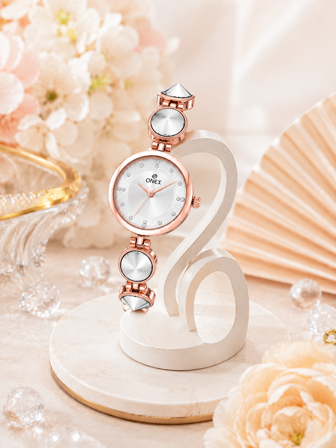 Onex Women’s Rose Gold Designer Bracelet Watch with Silver Textured Dial