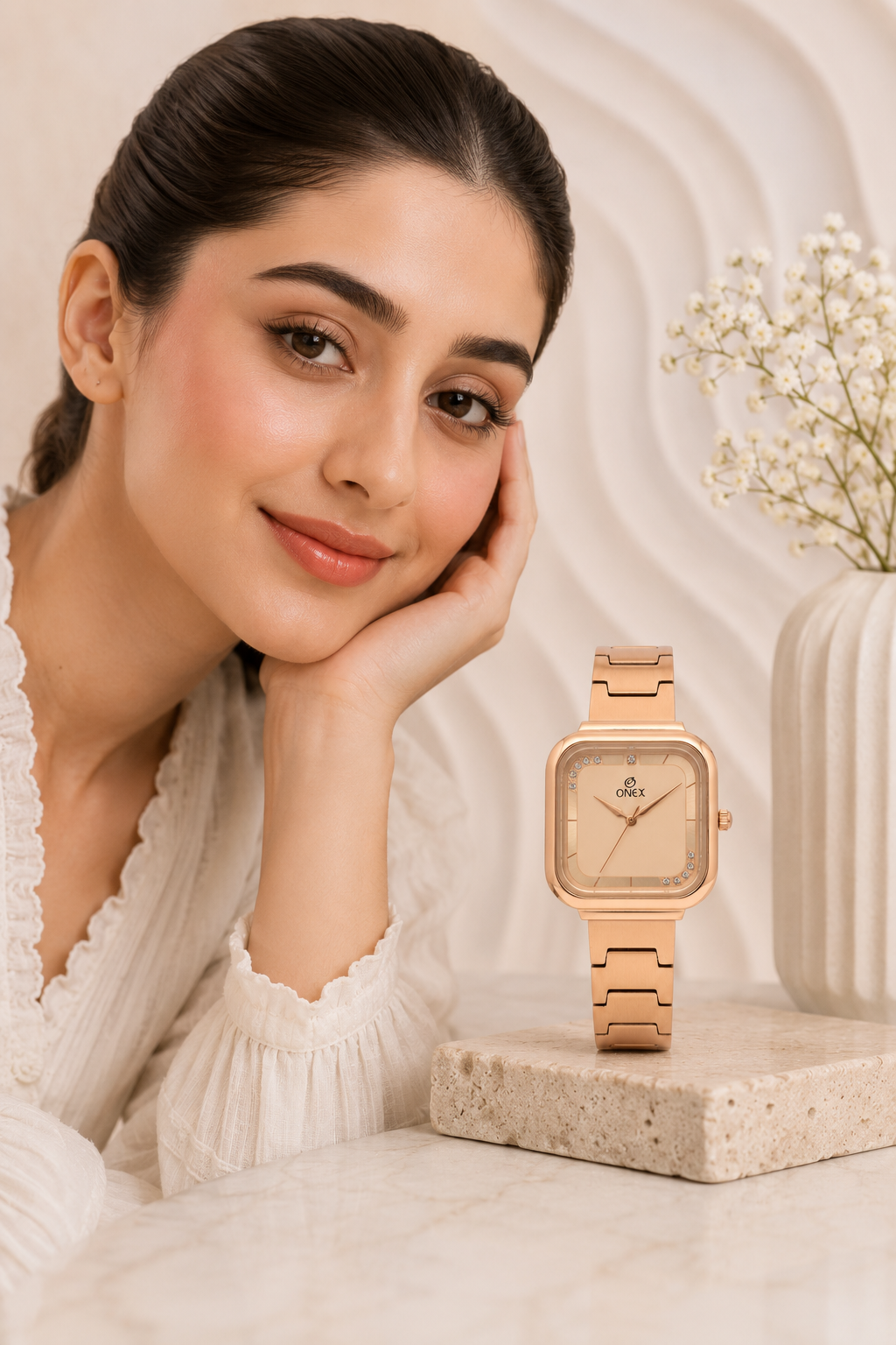 ONEX Rose Gold Square Dial Analog Watch for Women | Crystal Accent Dial | Metal Strap