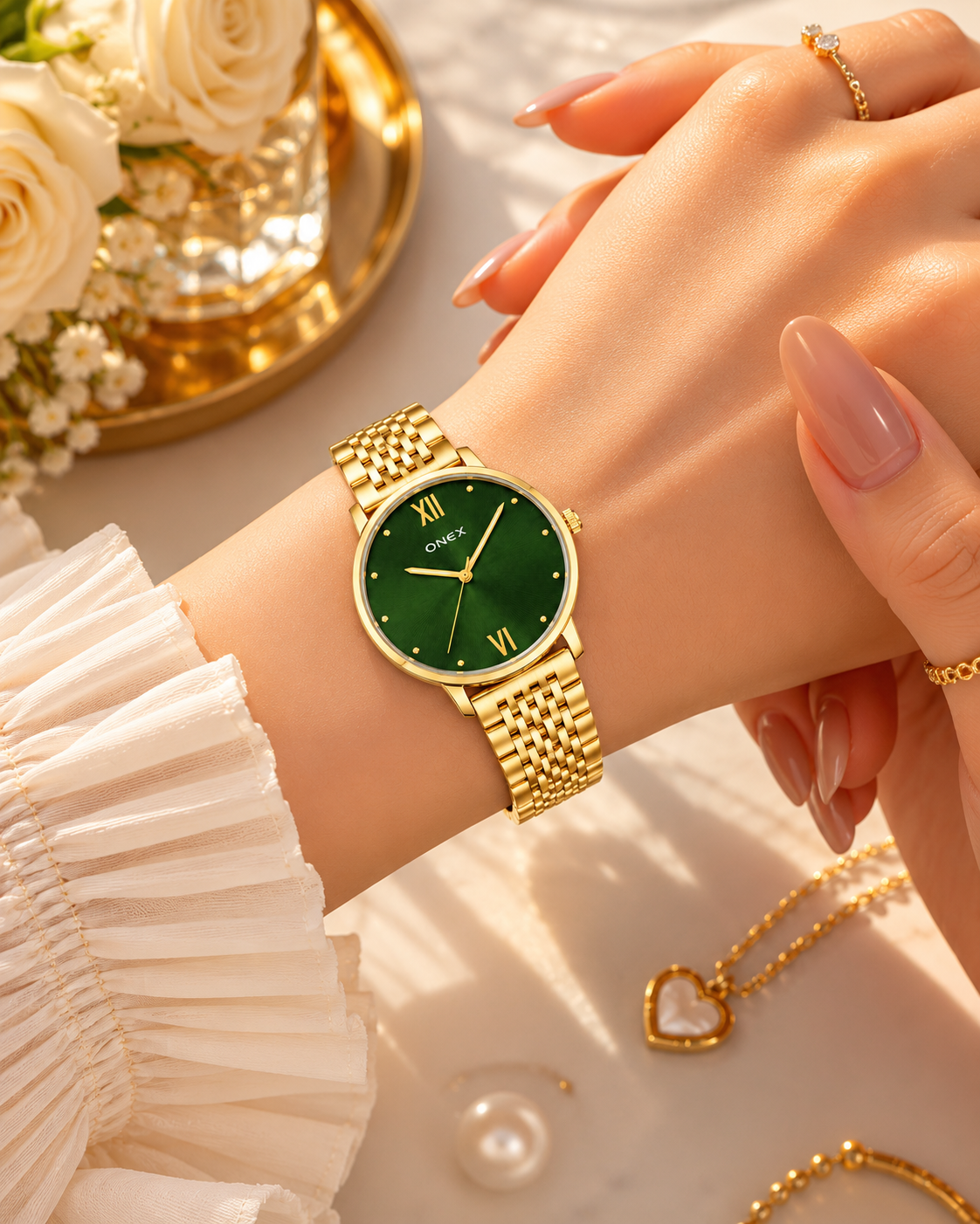 ONEX Women's Analog Wrist Watch for women | Gold Stainless Steel Bracelet Strap | Green Sunray Dial | Premium Casual & Formal Watch