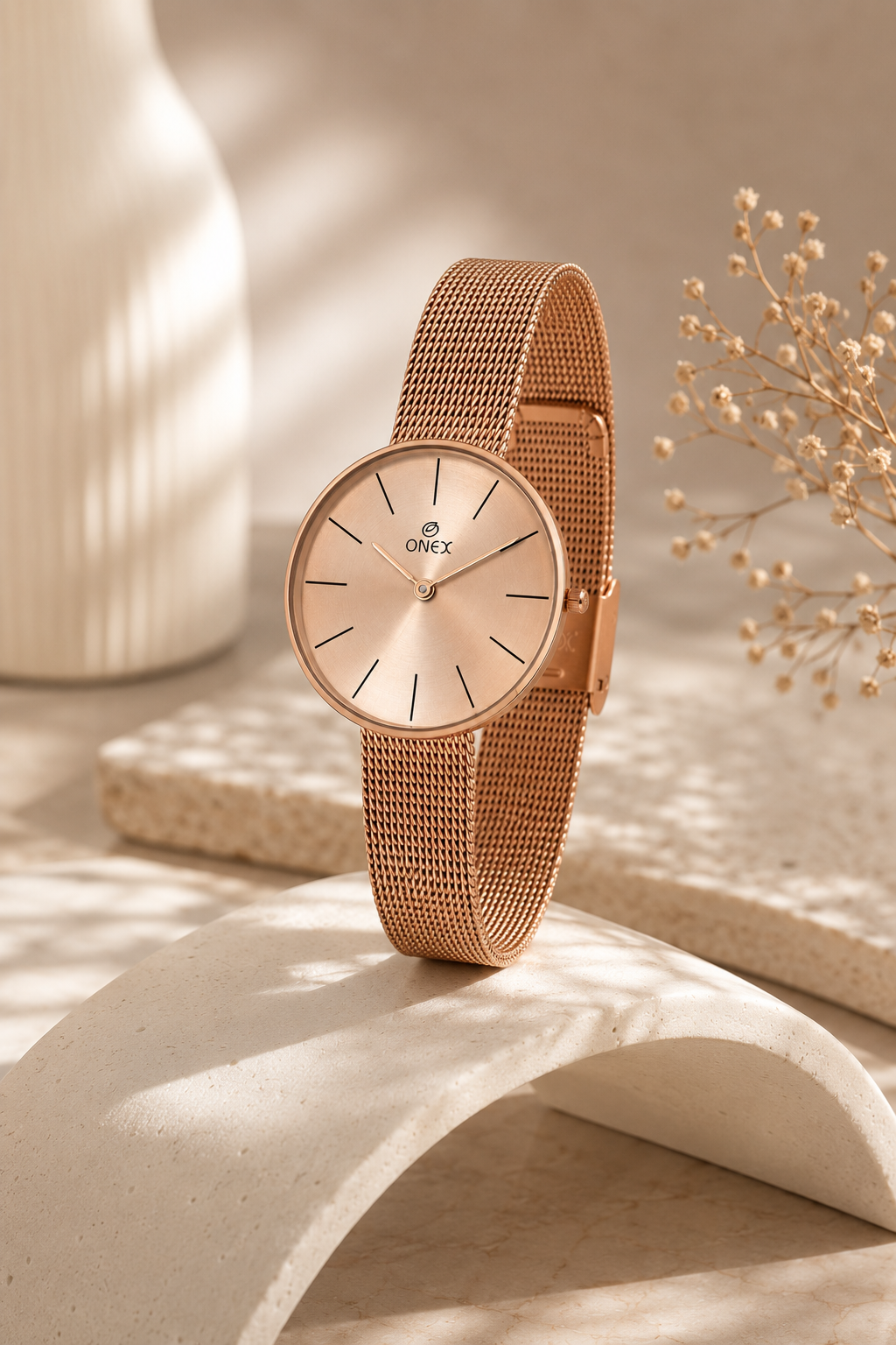 ONEX Women’s Rose Gold Analog Watch with Minimalist Dial & Mesh Metal Strap