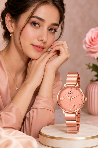 Onex Women’s Rose Gold Bracelet Watch with Crystal Markers & Dragonfly Dial