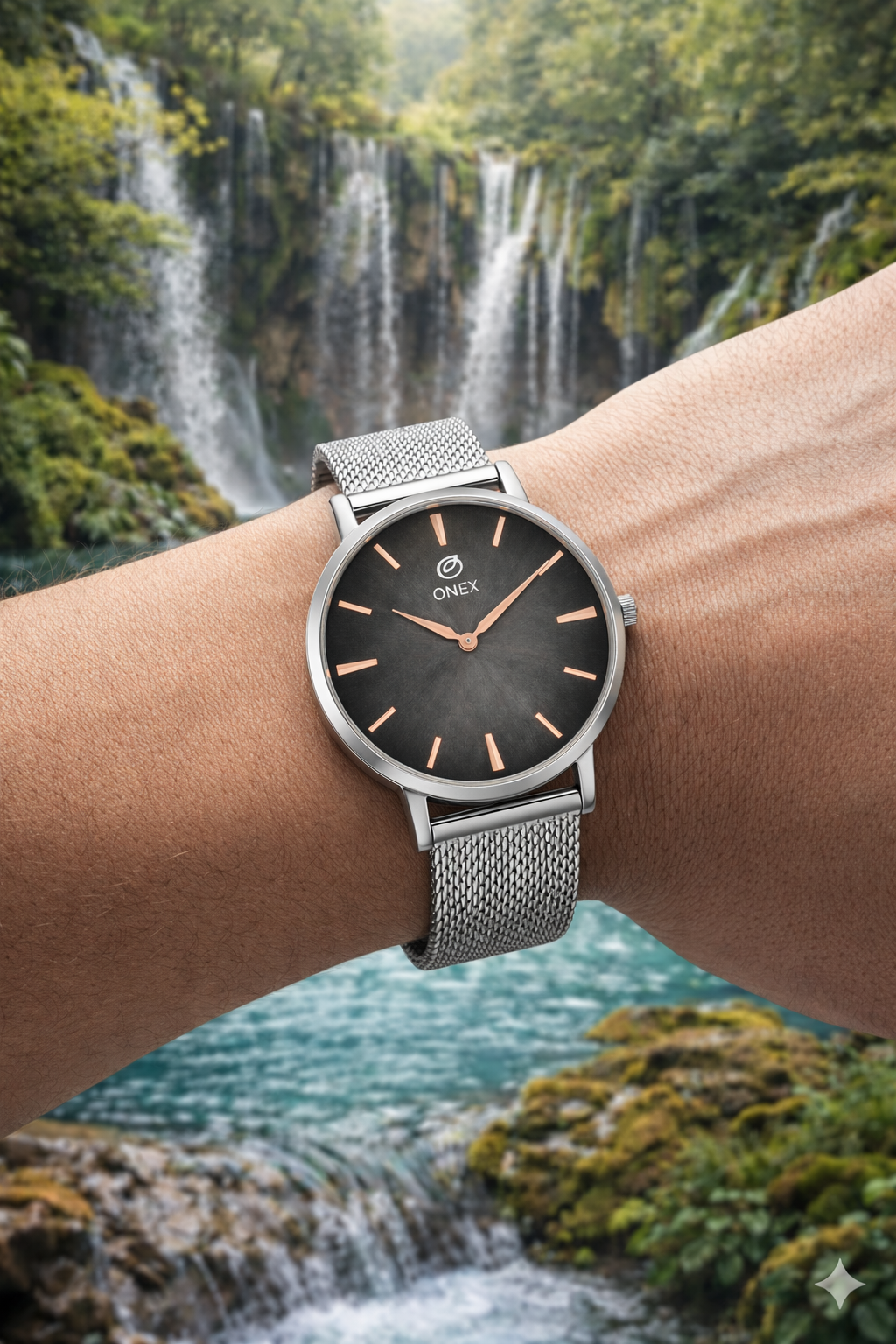 ONEX Men’s Analog Watch with Grey Sunray Dial & Silver Stainless Steel Mesh Strap | Minimal Classic Design