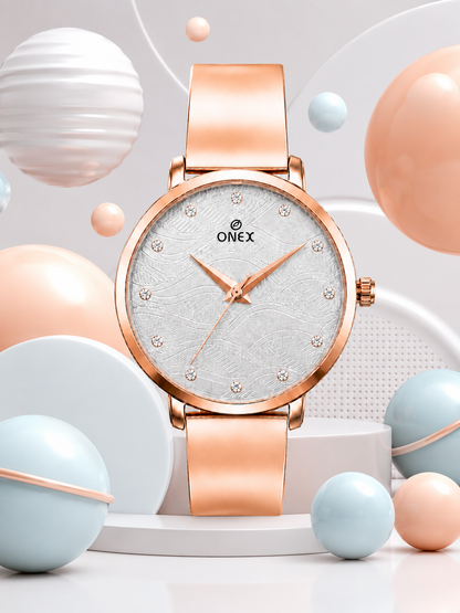 ONEX Women's Rose Gold Stainless Steel Analog Watch | Textured Silver Dial with Crystal Hour Markers | Elegant Bracelet Strap | Fashion Wrist Watch for Women