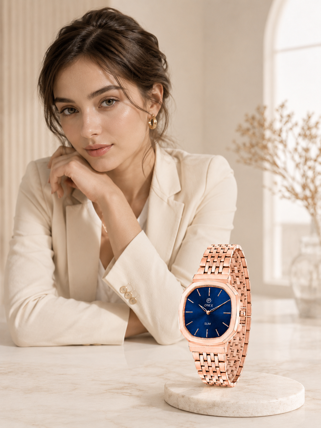 Onex Slim Rose Gold Stainless Steel Analog Watch for Women | Blue Sunray Dial | Elegant Bracelet Strap