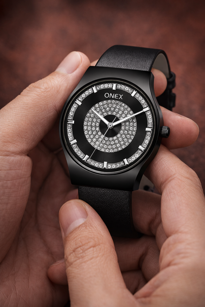 ONEX Luxury Black Dial Analog Watch with Crystal Studded Design & Black Leather Strap