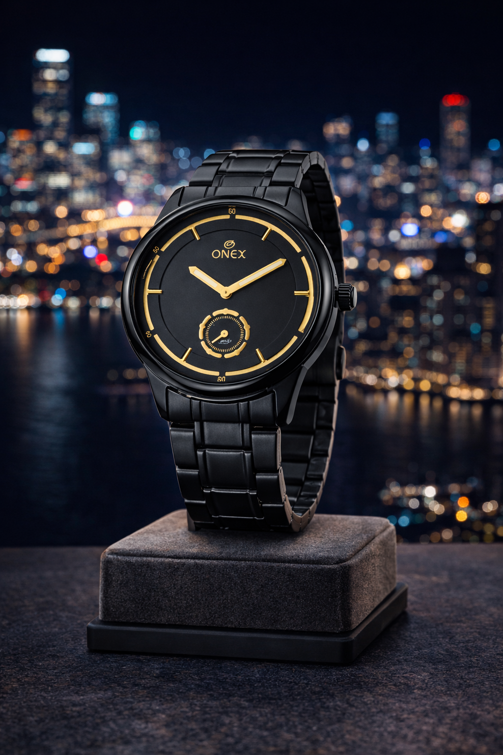 ONEX Men’s Analog Black Dial Watch with Gold Tone Markers & Stainless Steel Black Strap – Stylish Casual & Formal Watch
