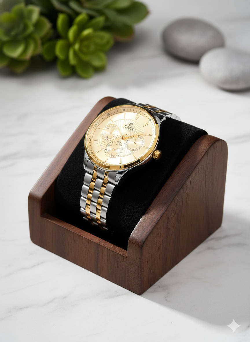 ONEX Men's Premium Multifunction Analog Watch for Men | Gold Sunray Dial | Two-Tone Stainless Steel Bracelet | Quartz Movement | Stylish Casual & Formal Wrist Watch