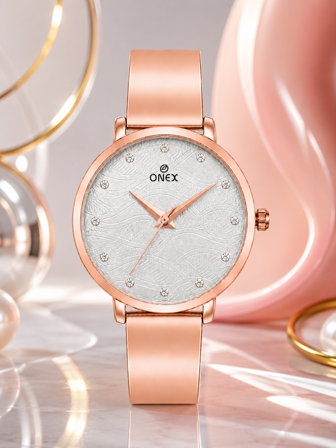 ONEX Women's Rose Gold Stainless Steel Analog Watch | Textured Silver Dial with Crystal Hour Markers | Elegant Bracelet Strap | Fashion Wrist Watch for Women