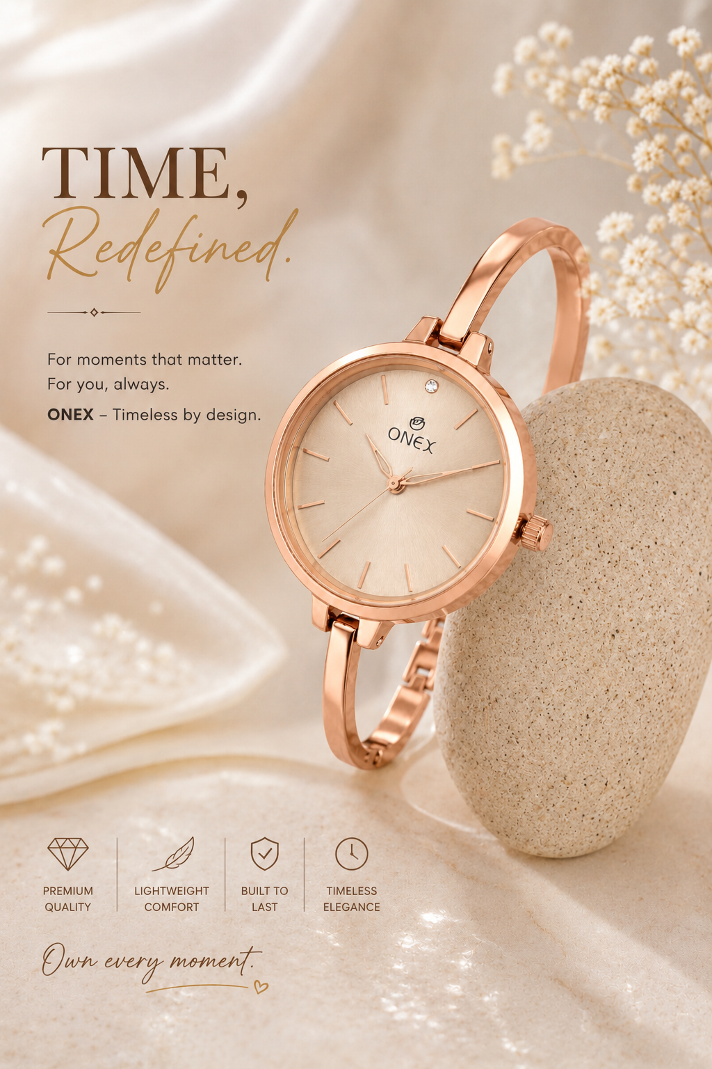 ONEX Women’s Rose Gold Analog Watch | Minimal Slim Bracelet Watch for Girls & Women