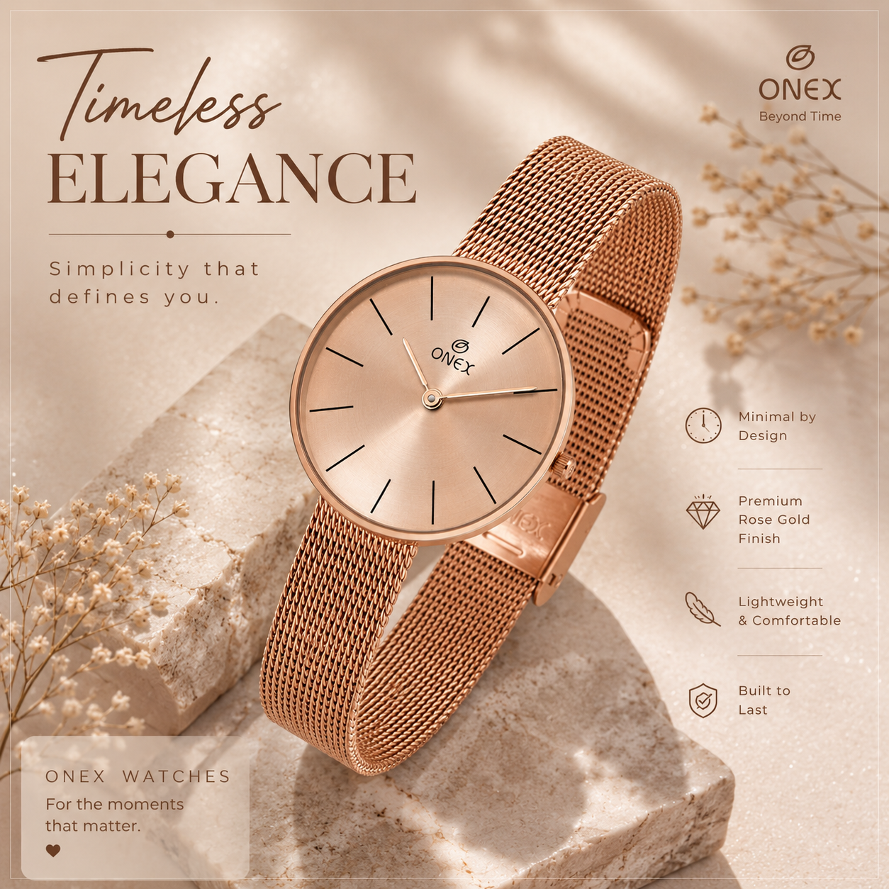 ONEX Women’s Rose Gold Analog Watch with Minimalist Dial & Mesh Metal Strap