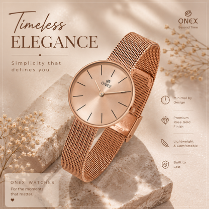 ONEX Women’s Rose Gold Analog Watch with Minimalist Dial & Mesh Metal Strap