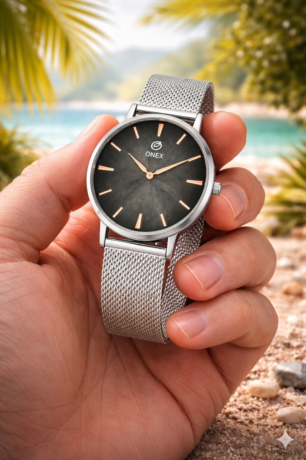 ONEX Men’s Analog Watch with Grey Sunray Dial & Silver Stainless Steel Mesh Strap | Minimal Classic Design
