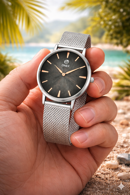 ONEX Men’s Analog Watch with Grey Sunray Dial & Silver Stainless Steel Mesh Strap | Minimal Classic Design