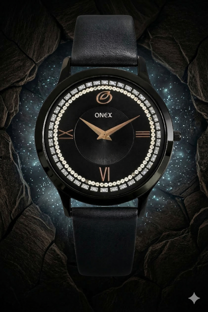 ONEX Men’s Analog Watch with Black Dial, Crystal Studded Bezel & Black Leather Strap – Stylish Casual & Formal Wrist Watch for Men