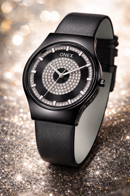 ONEX Luxury Black Dial Analog Watch with Crystal Studded Design & Black Leather Strap