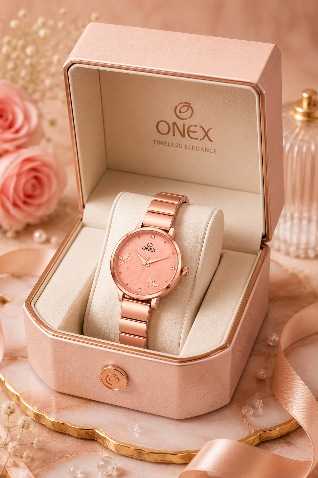 Onex Women’s Rose Gold Bracelet Watch with Crystal Markers & Dragonfly Dial
