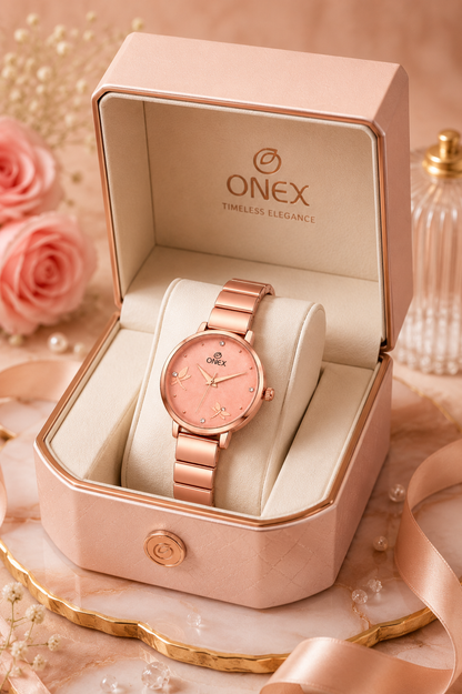 Onex Women’s Rose Gold Bracelet Watch with Crystal Markers & Dragonfly Dial