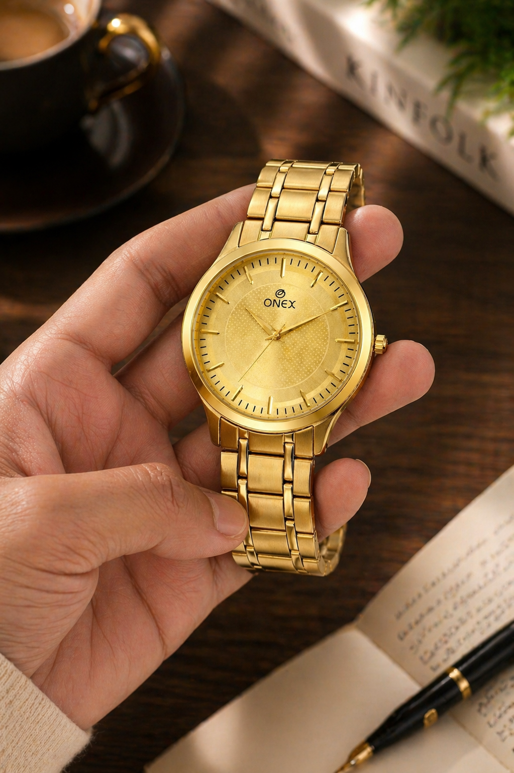 ONEX Premium Gold-Tone Analog Watch for Women | Stainless Steel Bracelet Strap | Quartz Movement | Elegant Casual & Party Wear Wrist Watch