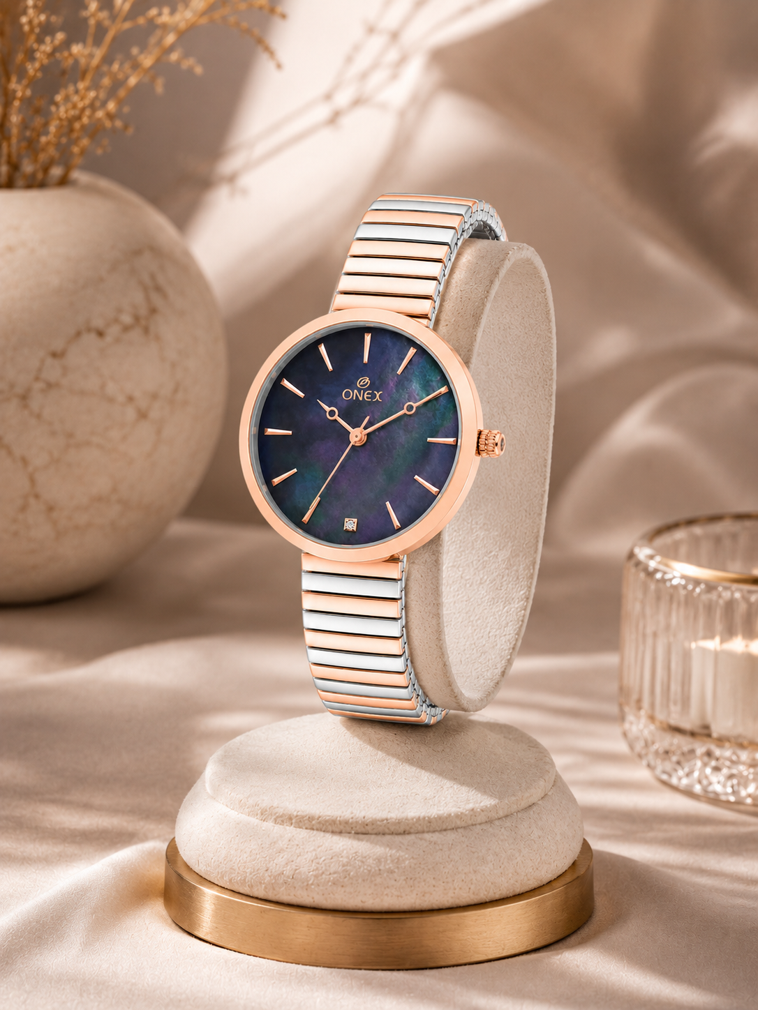 Onex Women’s Rose Gold Blue Pearl Dial Slim Bracelet Watch