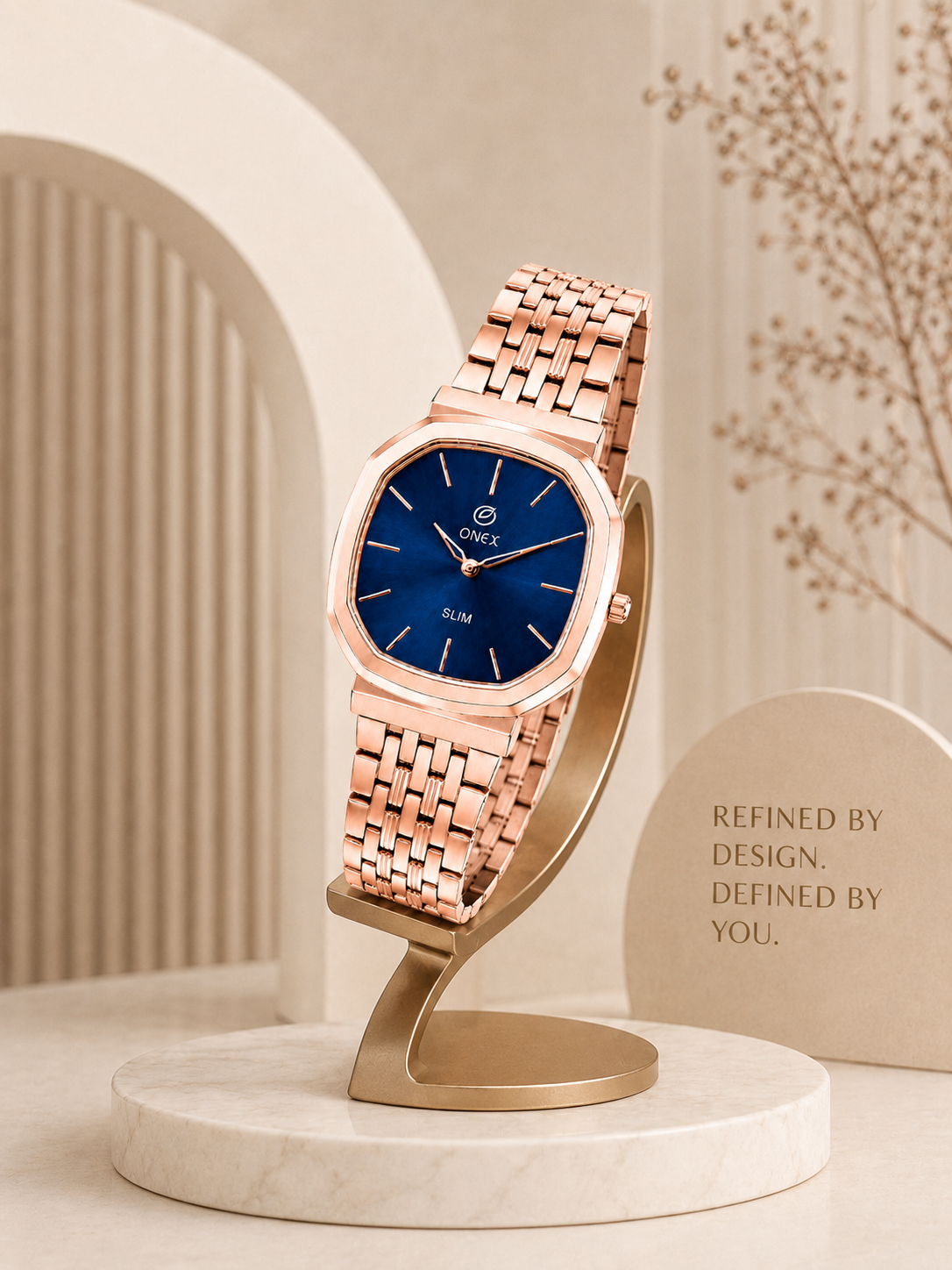 Onex Slim Rose Gold Stainless Steel Analog Watch for Women | Blue Sunray Dial | Elegant Bracelet Strap