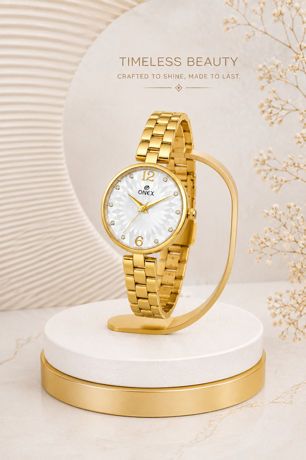 ONEX Women’s Gold-Tone Designer Bracelet Watch with Crystal Studded Dial Silver
