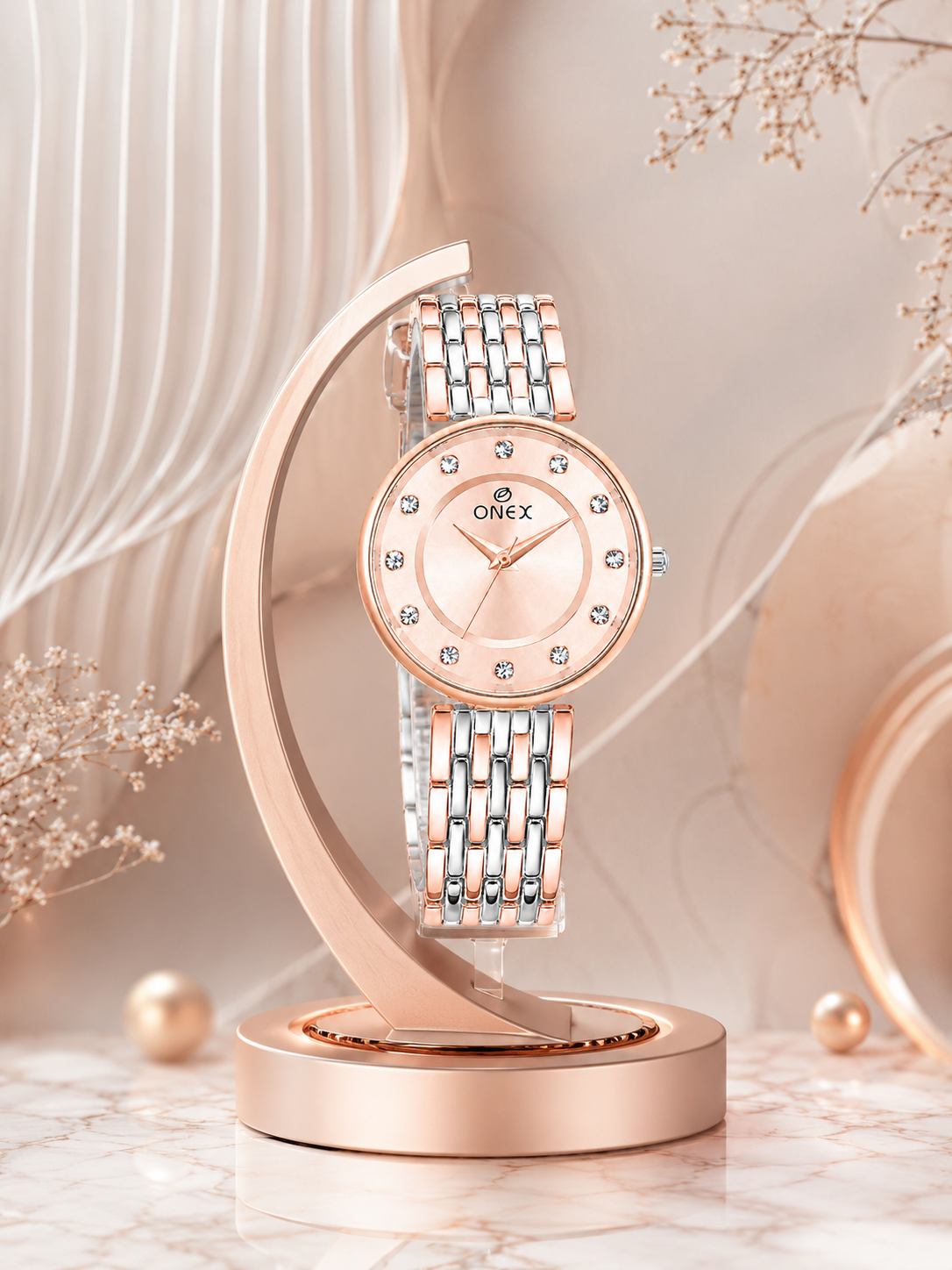 Onex Women’s Rose Gold Analog Watch with Crystal Studded Dial & Dual Tone Bracelet Strap